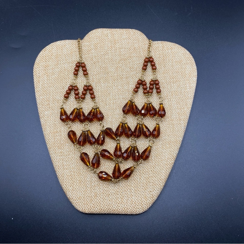Glass Bead Statement Root Beer Colored Beads Gold Tone Necklace